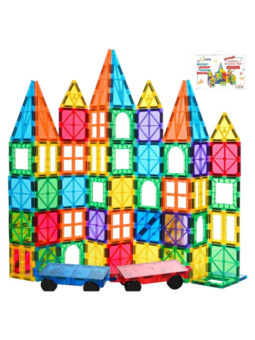 120 Pc Magnetic Tiles 3D Blocks Set STEM Toy with 2 Cars